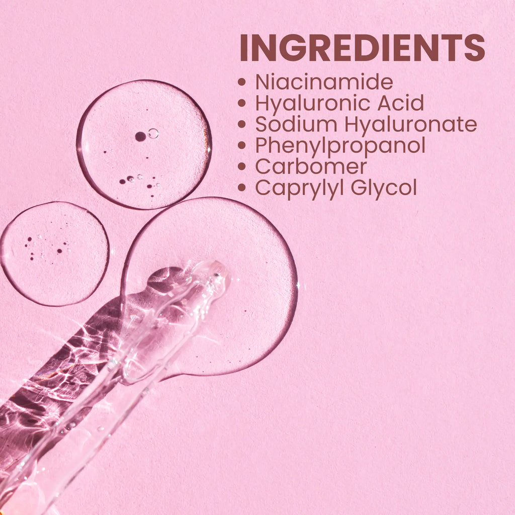 Ammuri Beauty brightening facial serum with Niacinamide and Hyaluronic Acid ingredients on a pink background