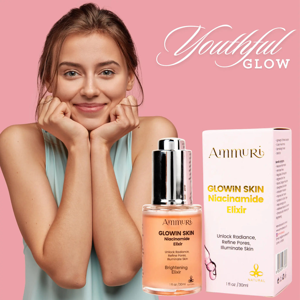 Ammuri Beauty brightening facial serum in a glass bottle with model promoting youthful glow