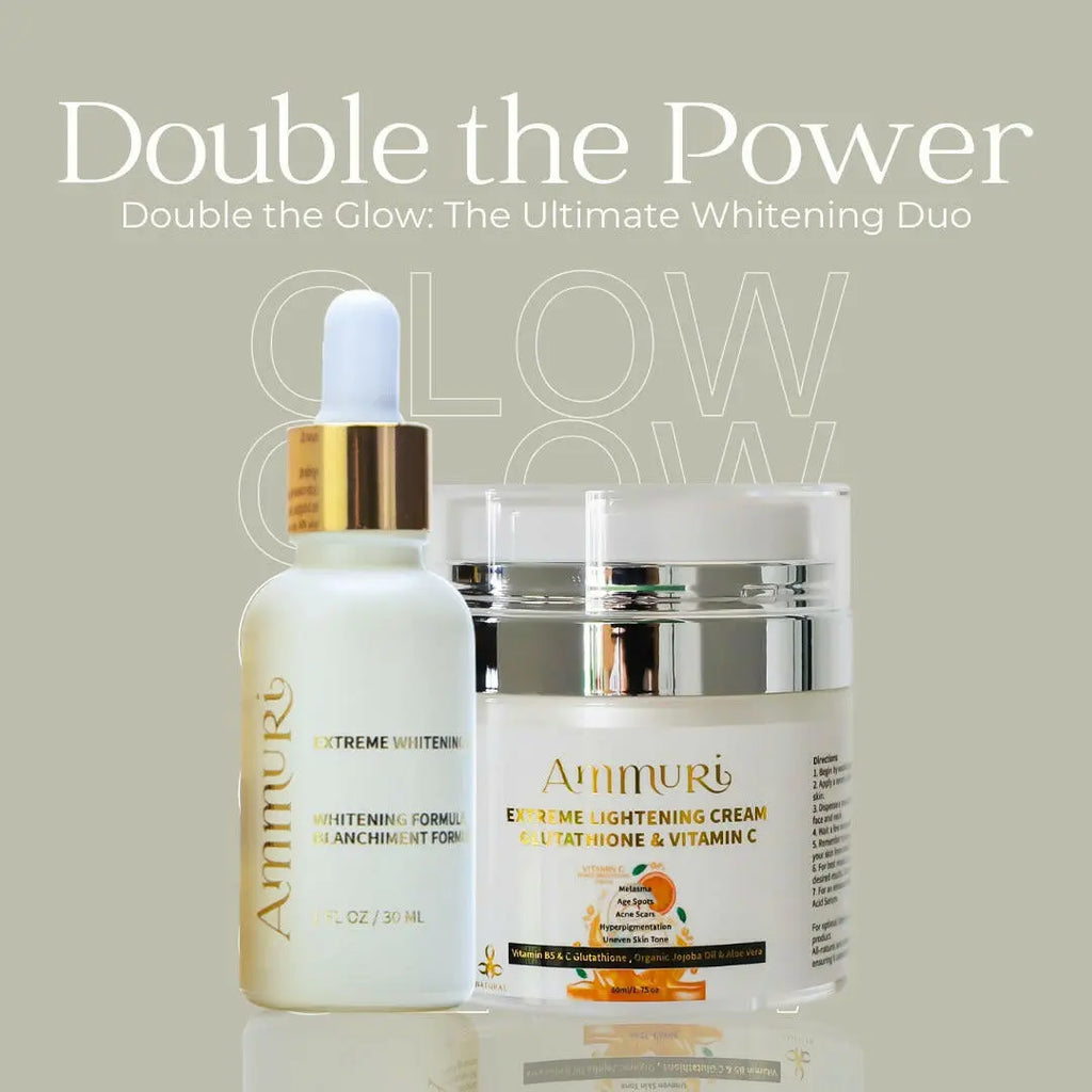 Ammuri Beauty brightening skincare set featuring Extreme Whitening Formula and Lightening Cream with Vitamin C