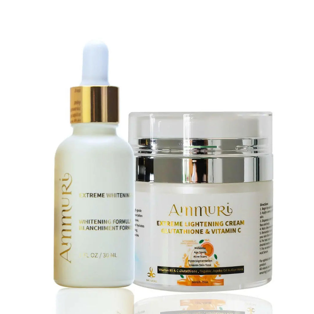 Ammuri Beauty brightening skincare set including Extreme Whitening Serum and Cream with Glutathione and Vitamin C