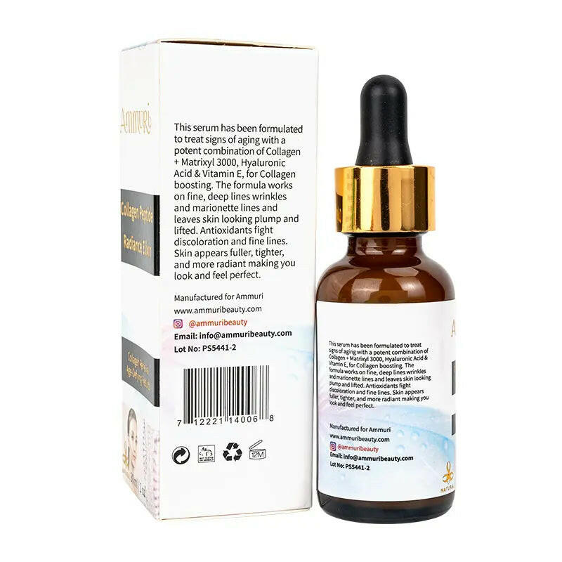 Ammuri Skincare collagen peptide serum in a glass bottle with dropper for anti-ageing benefits
