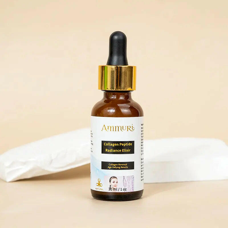 Ammuri Skincare Collagen Peptide Serum in a brown bottle for anti-aging benefits and radiant skin