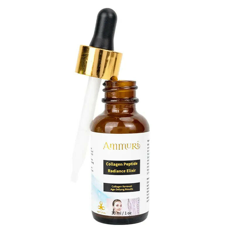 Ammuri Skincare Collagen Peptide Serum in a brown glass bottle with dropper for anti-aging benefits