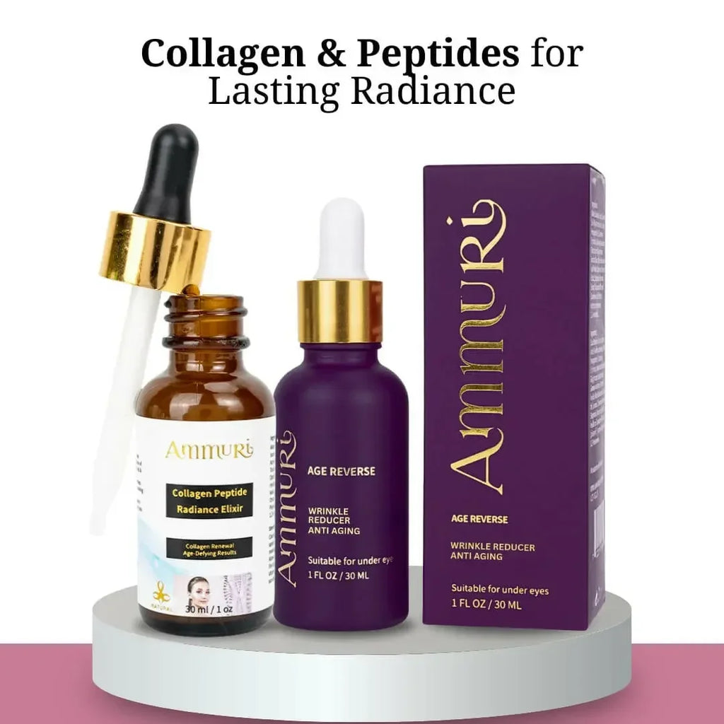 Ammuri Beauty collagen peptide skincare set with Radiance Elixir and Age Reverse serum for anti-aging