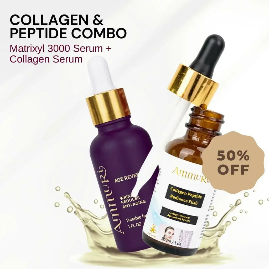 Ammuri Beauty collagen peptide skincare combo featuring Age Reversing Matrixyl 3000 Serum and Collagen Peptide Radiance Elixir