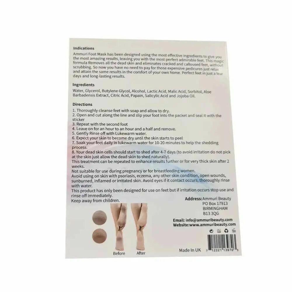 Ammuri Skincare deep exfoliating foot mask instructions and benefits on the back of the packaging