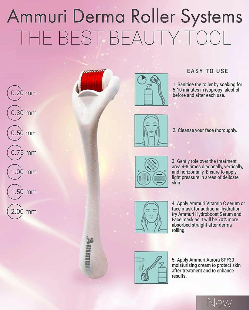 Ammuri derma roller titanium system showcasing various needle sizes for effective skincare