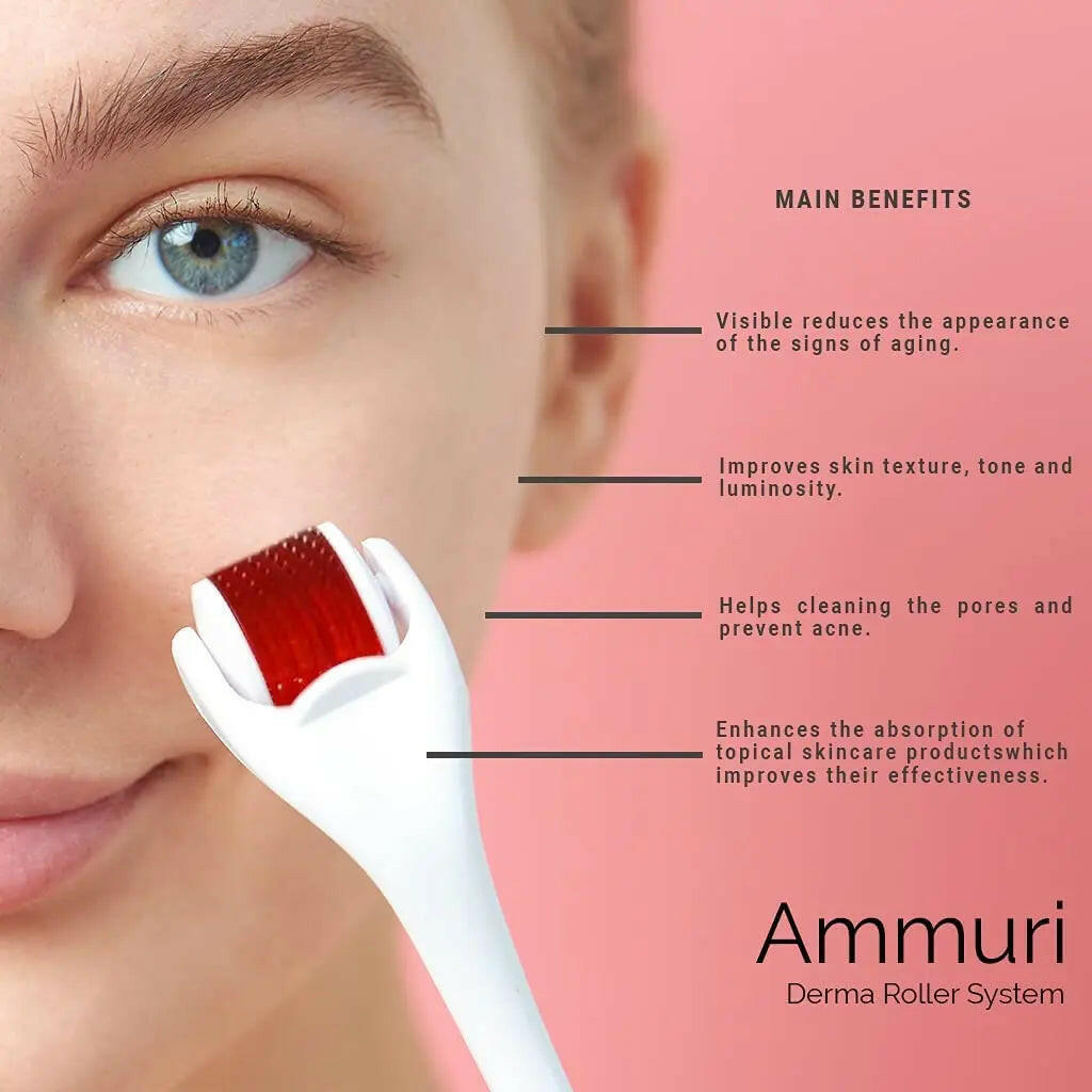Ammuri derma roller titanium for reducing signs of aging and enhancing skin texture and tone