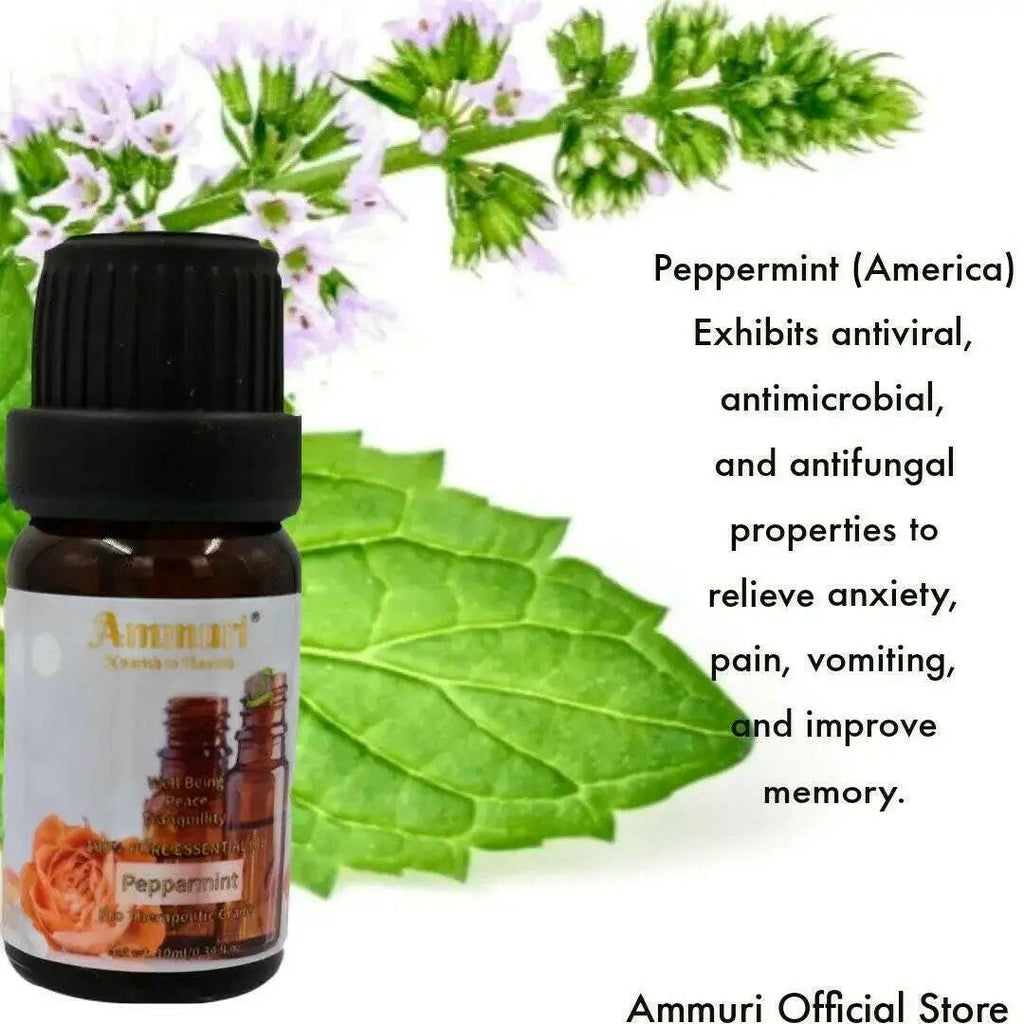 Ammuri Skincare Peppermint Essential Oil Bottle from the essential oils gift set with mint leaves in the background