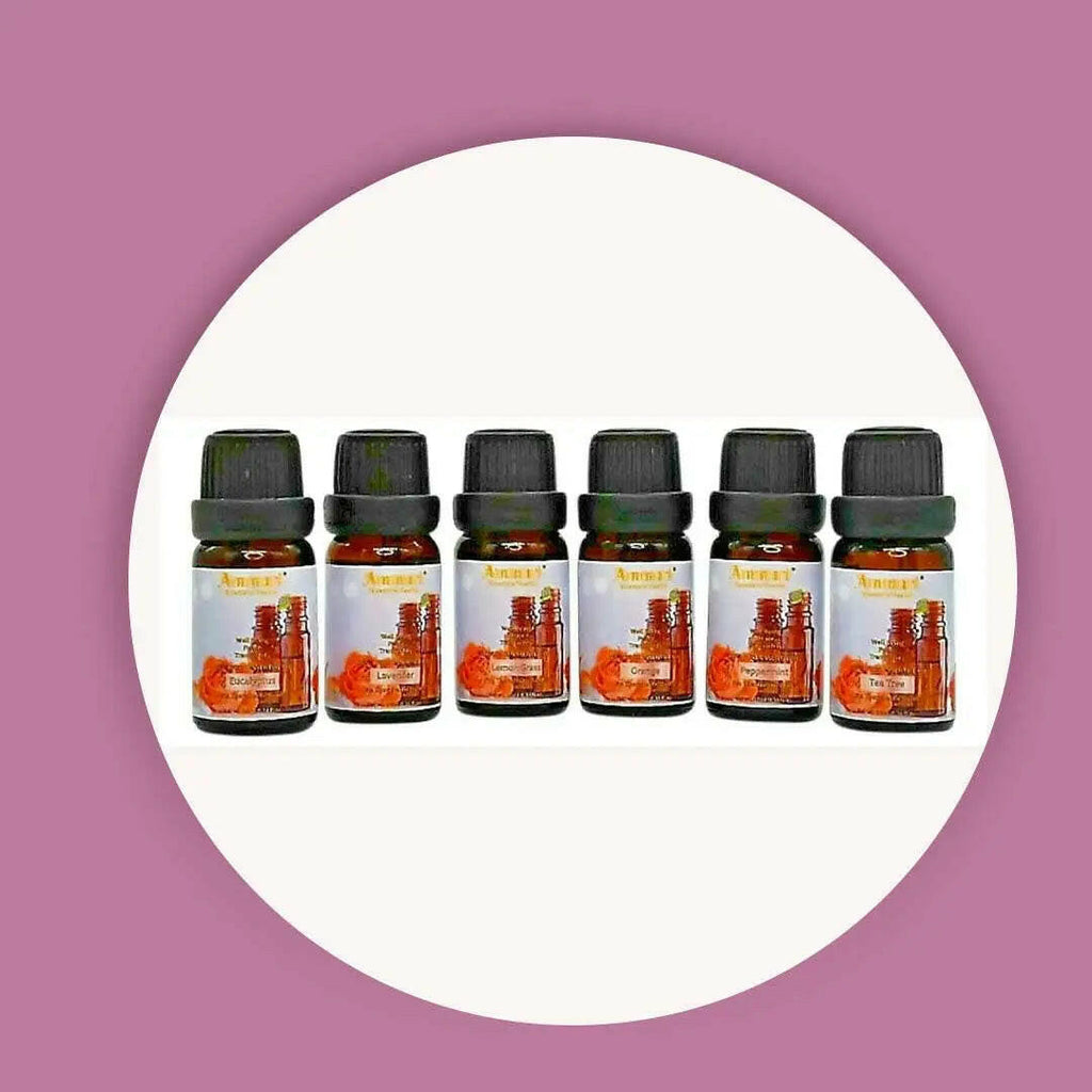 Ammuri Skincare essential oils gift set featuring six aromatic essential oil bottles for relaxation and wellness
