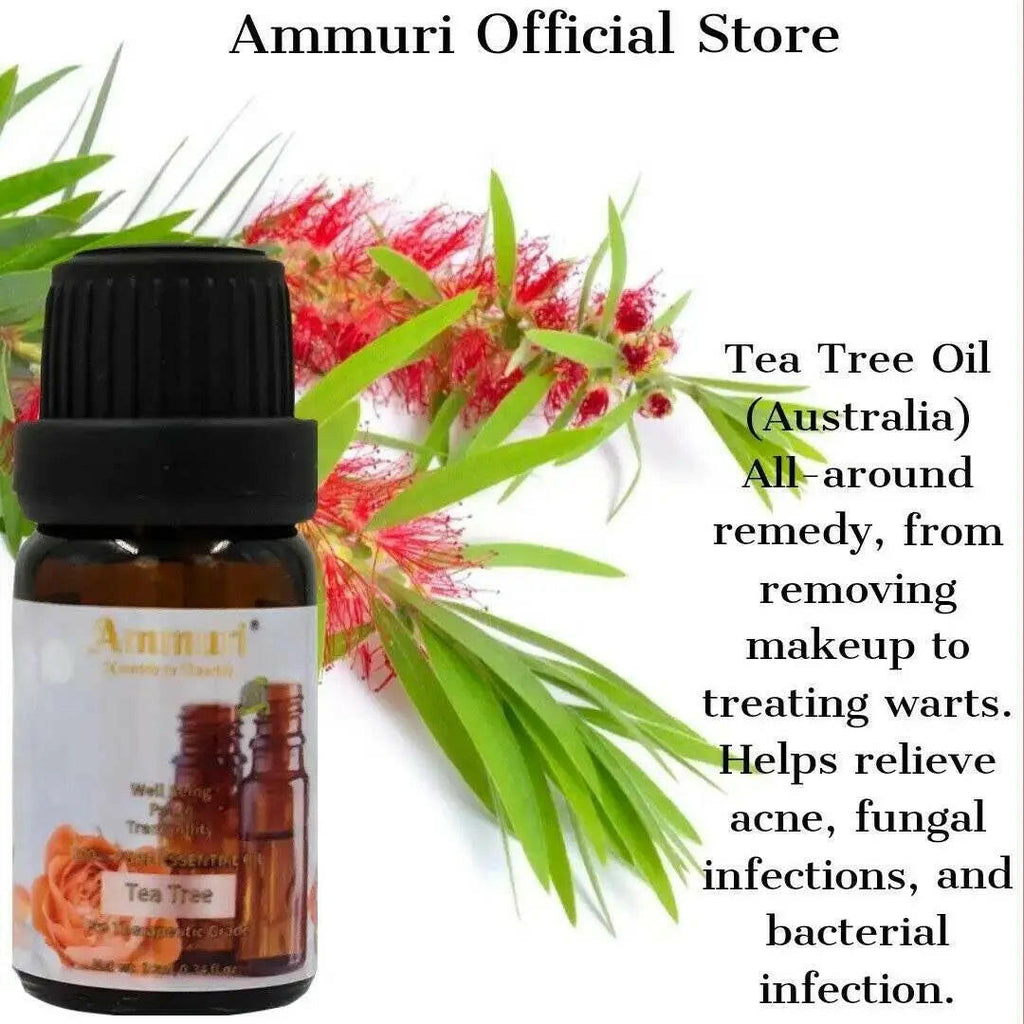 Ammuri Skincare Tea Tree Oil bottle for essential oils gift set to relieve acne and infections.