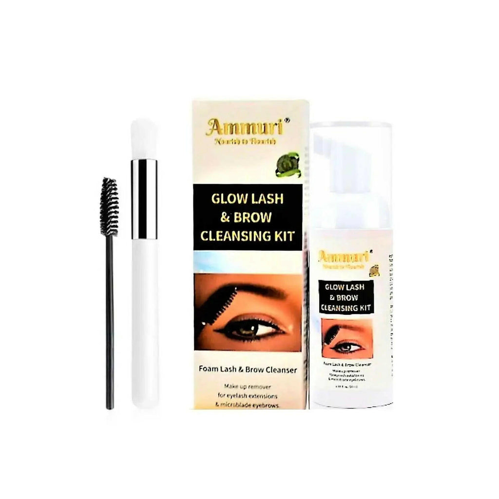 Ammuri Skincare Glow Lash and Brow Cleansing Kit including eyelash extension shampoo kit and tools for gentle cleansing