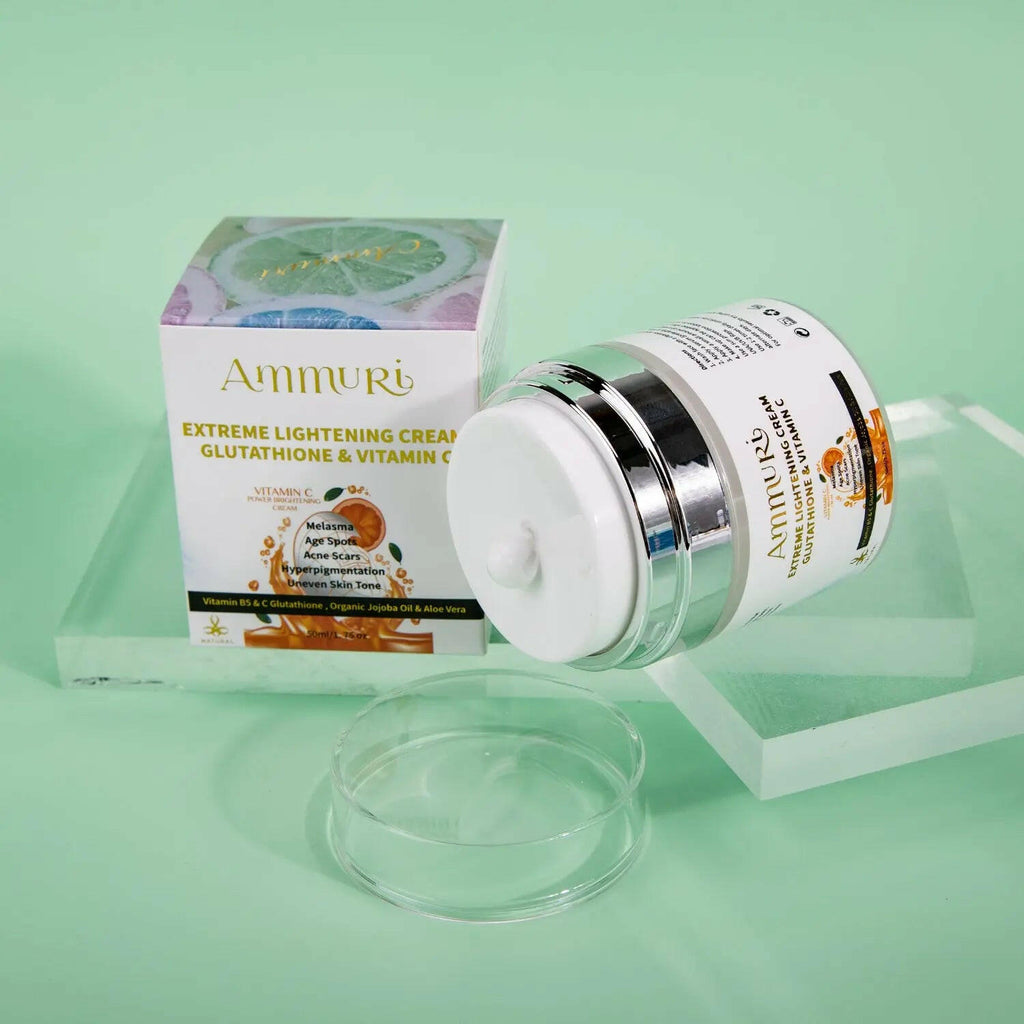 Ammuri Skincare Glutathione skin brightening cream in a jar with packaging for luminous skin