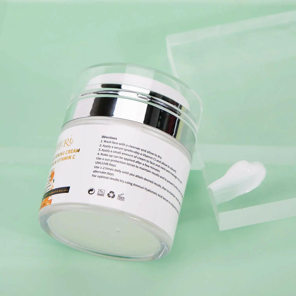 Ammuri Skincare Vitamin C Cream in a clear jar, featuring Glutathione skin brightening cream benefits