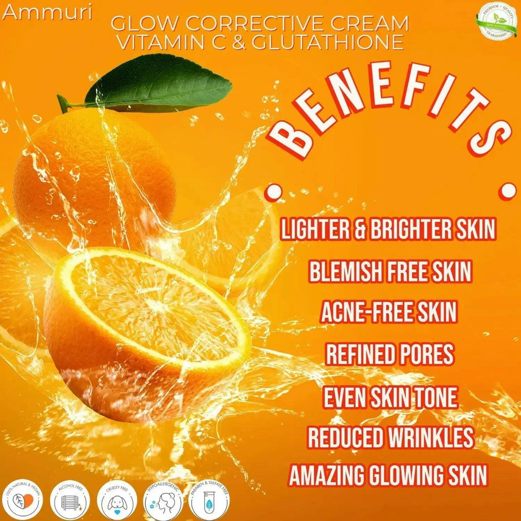 Ammuri Skincare Vitamin C Cream highlighting benefits like lighter skin and acne-free complexion with Glutathione skin brightening cream