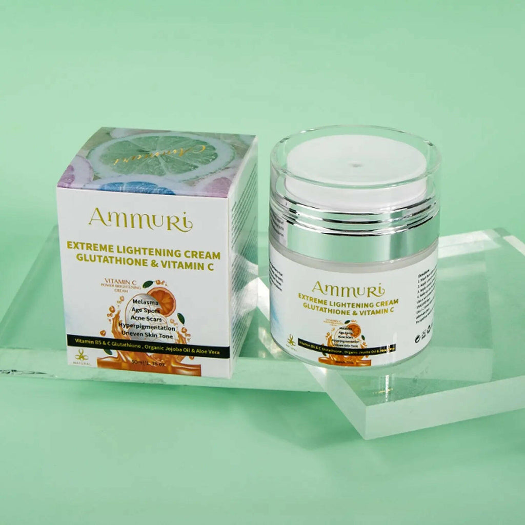 Ammuri Skincare Extreme Lightening Cream Glutathione Skin Brightening Cream in a jar with box on a light green background