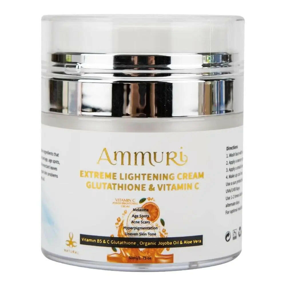 Ammuri Skincare Glutathione skin brightening cream in a sleek jar, designed to lighten skin and reduce dark spots