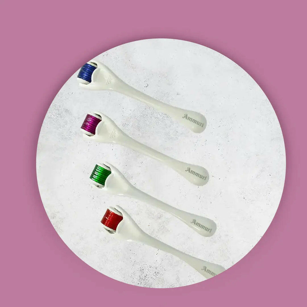Ammuri Skincare aesthetic derma roller system featuring high grade titanium derma roller in multiple colors