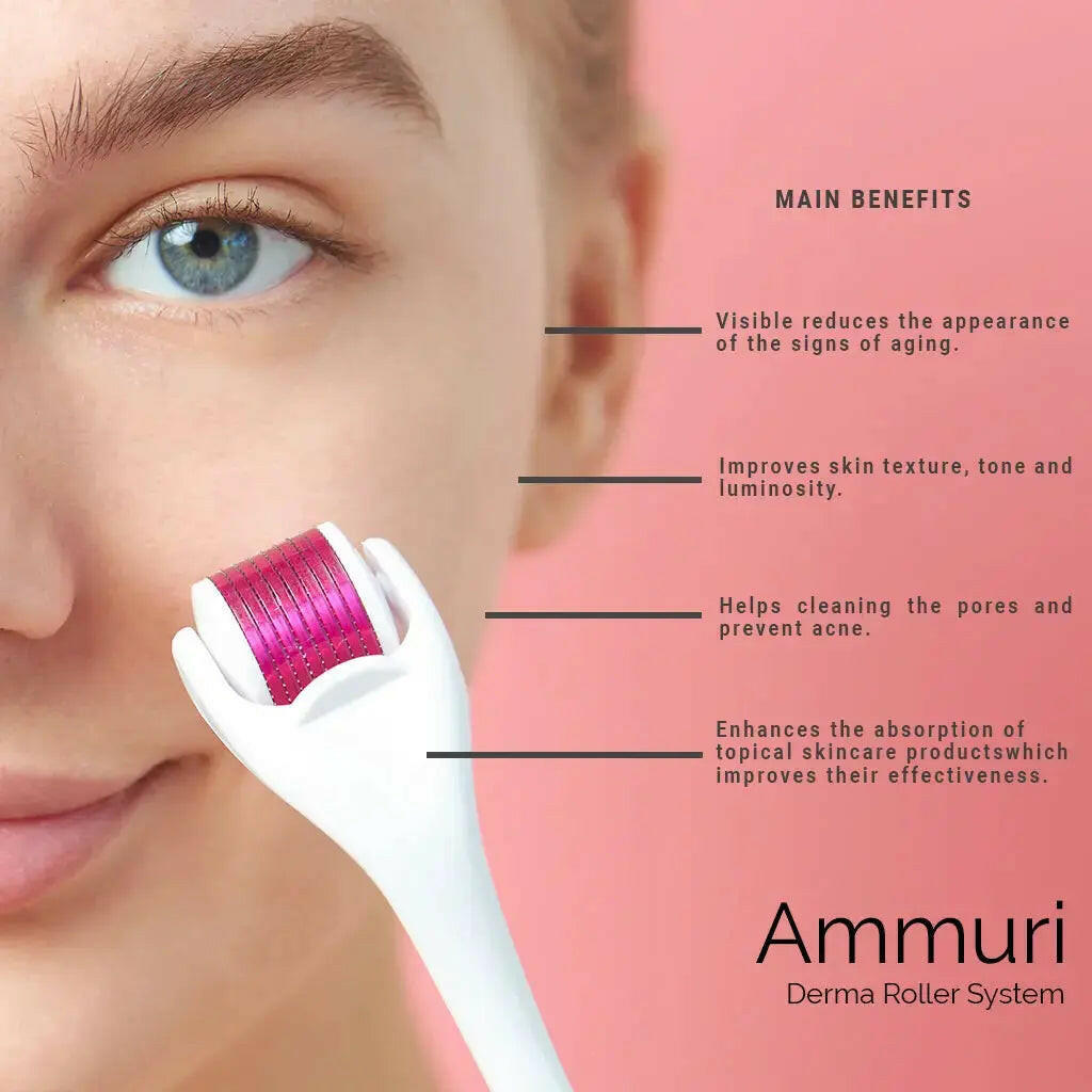 Ammuri Skincare Aesthetic Derma Roller System featuring a high grade titanium derma roller for improved skin texture