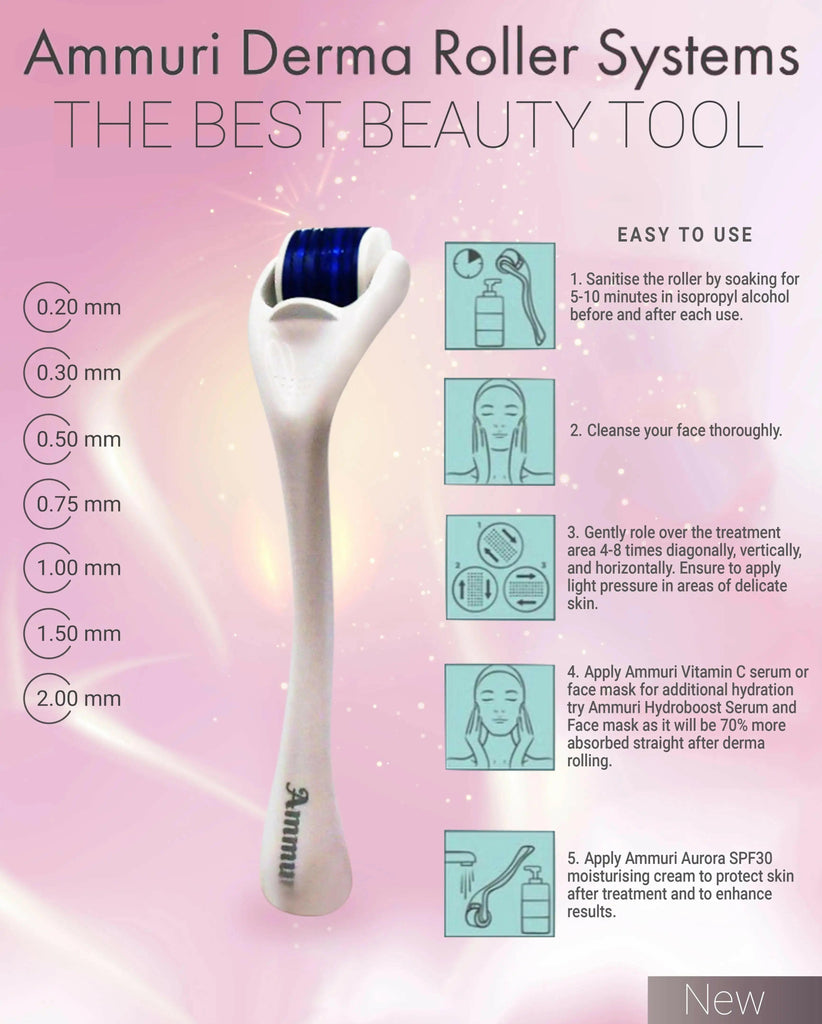 Ammuri Skincare high grade titanium derma roller system for effective skin treatment and rejuvenation.