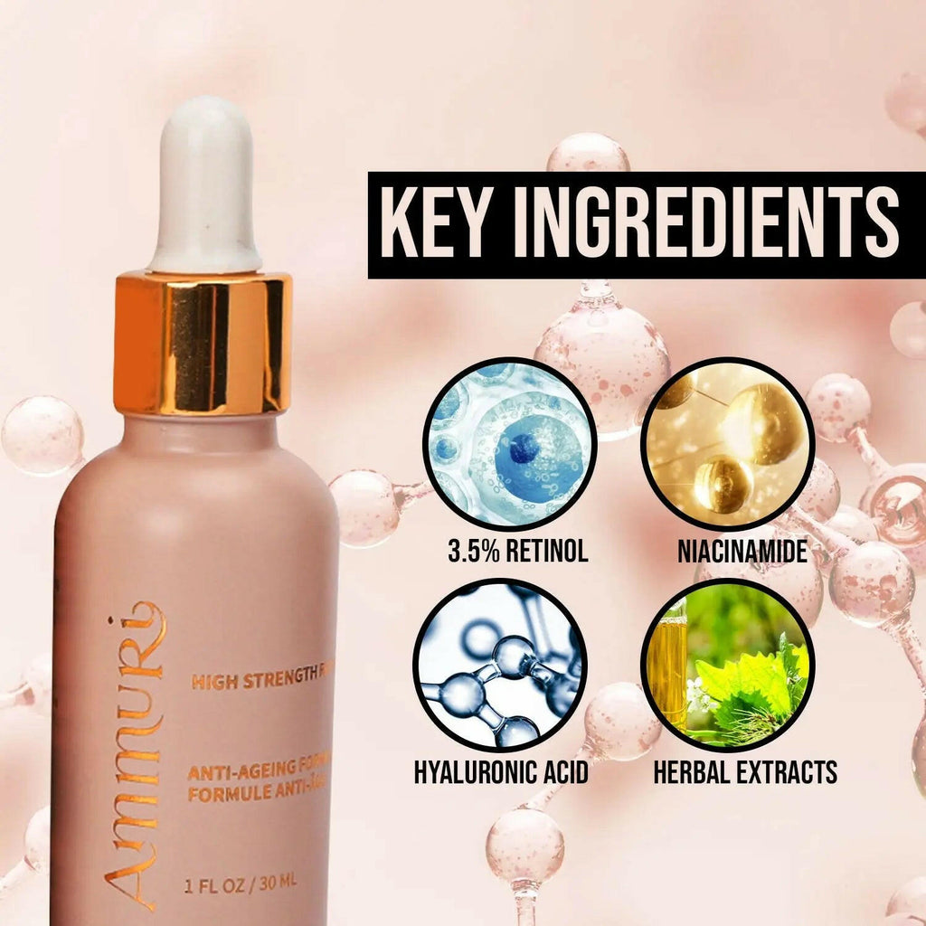 Ammuri Skincare High Strength Retinol Serum with key ingredients like retinol, niacinamide, and hyaluronic acid