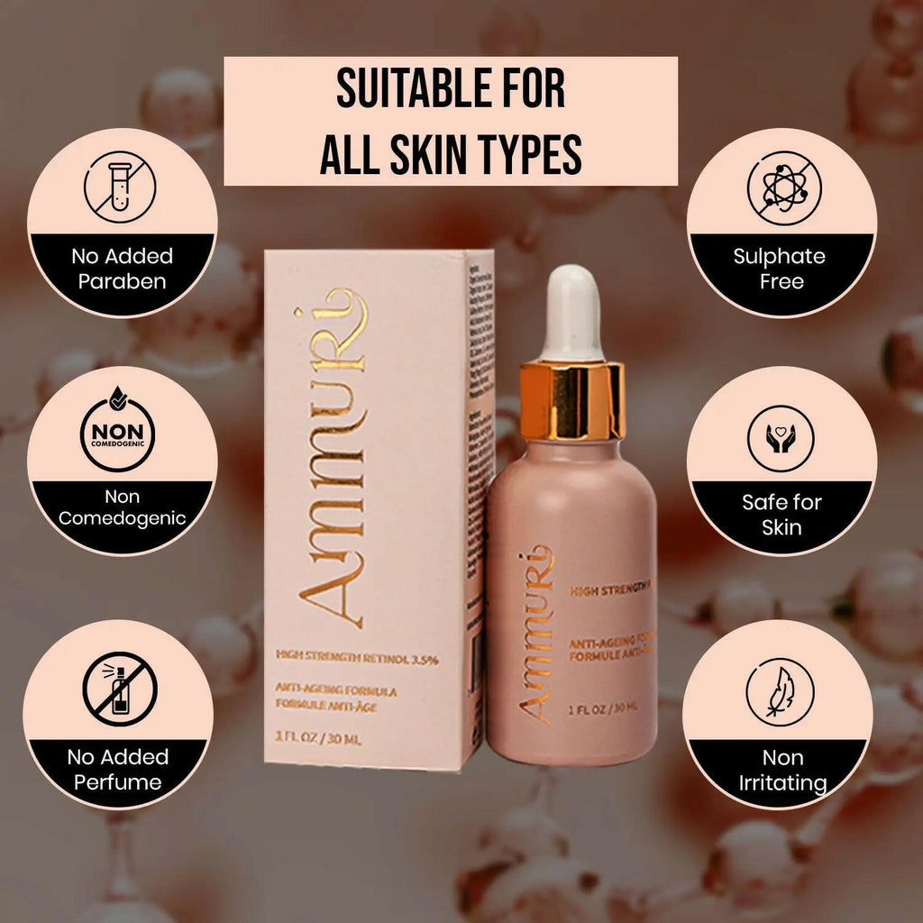 Ammuri Skincare high strength retinol serum in a sleek bottle with packaging, suitable for all skin types