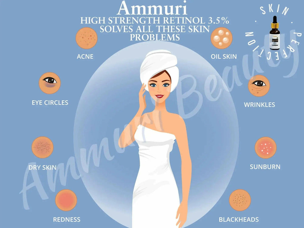 Ammuri high strength retinol serum 3.5% combats acne, wrinkles, and dry skin for a radiant complexion.