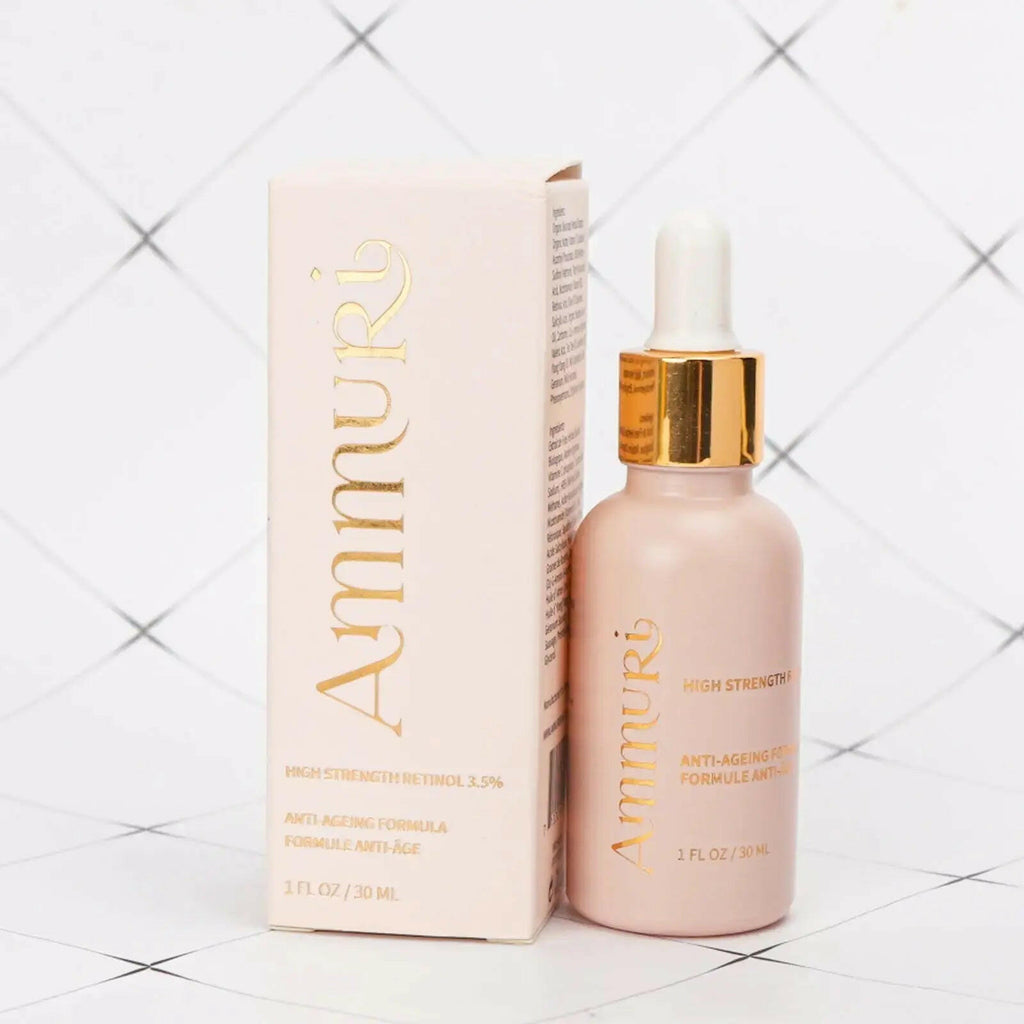 Ammuri Skincare high strength retinol serum in a pink bottle with a dropper for anti-aging benefits