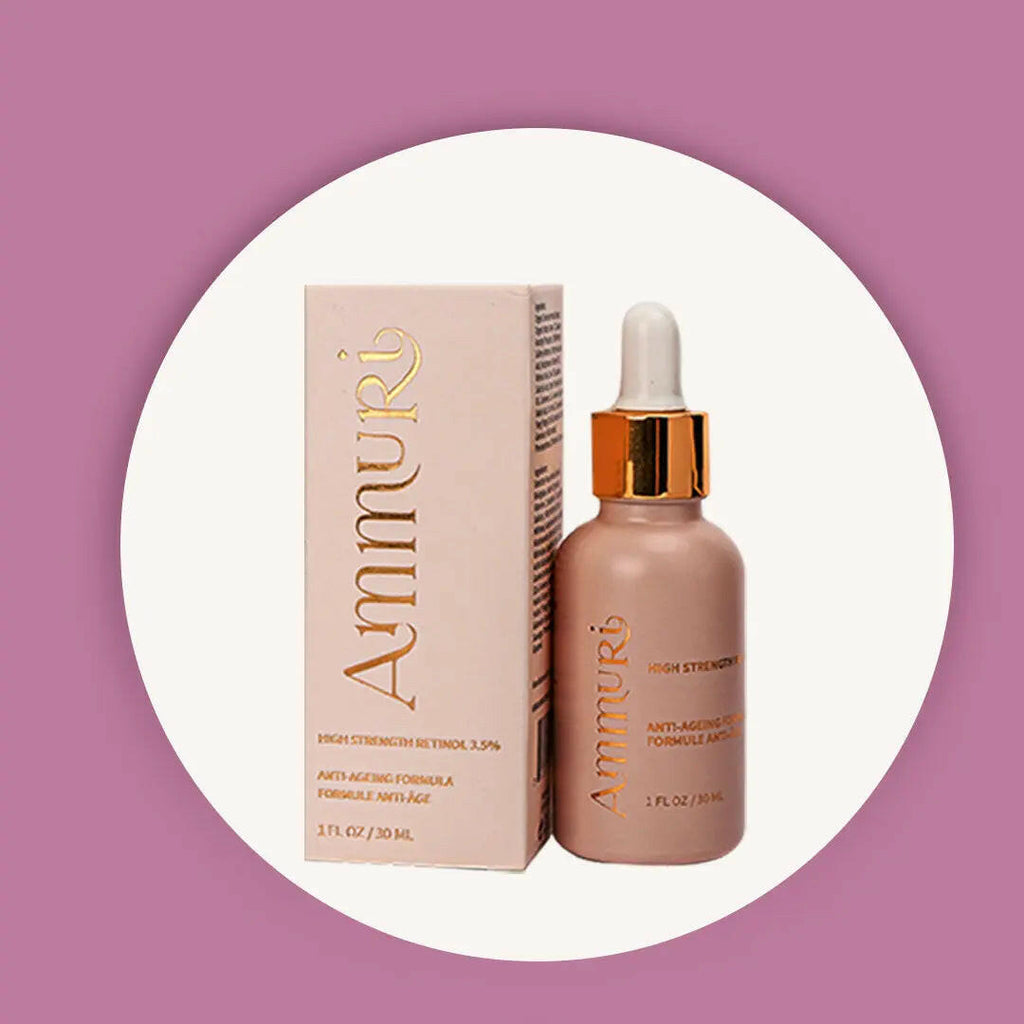 Ammuri Skincare high strength retinol serum in a pink bottle with a dropper and box packaging