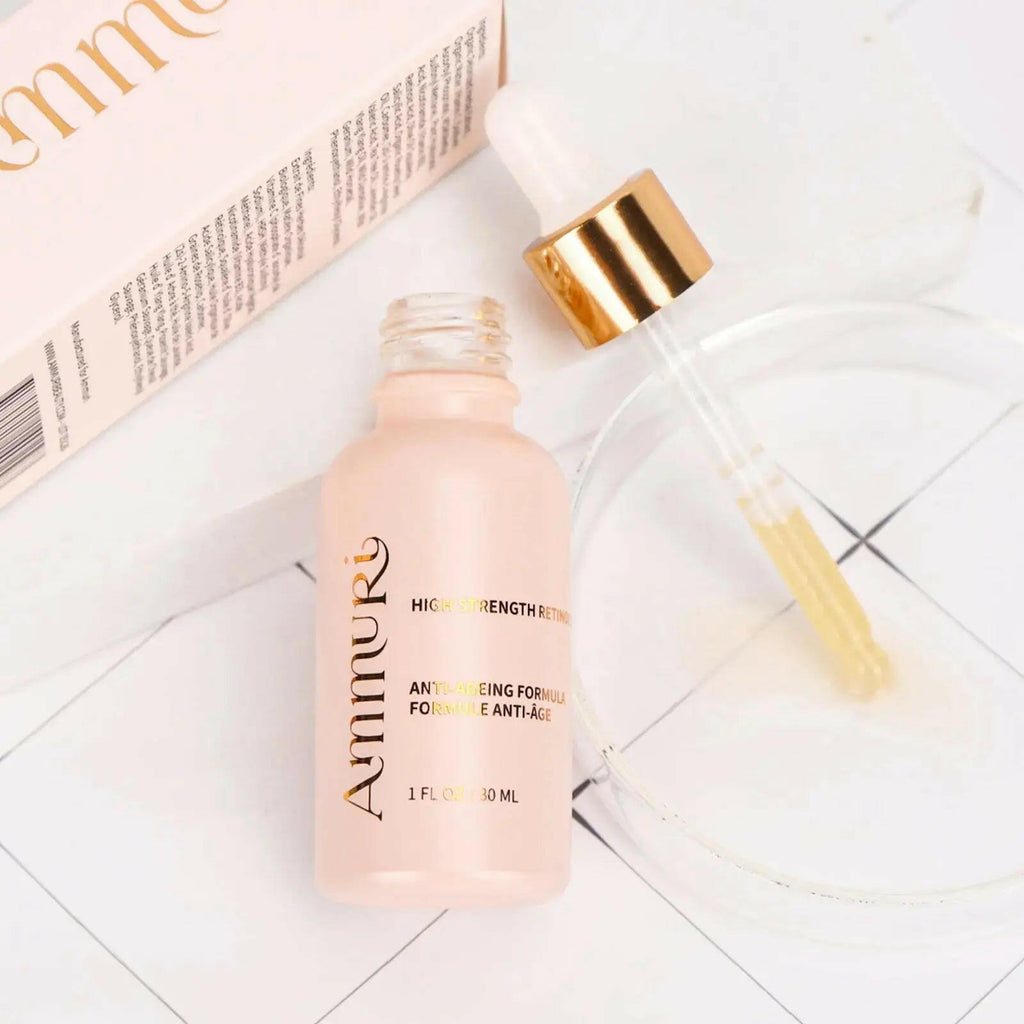Ammuri Skincare high strength retinol serum in a pink bottle with dropper, perfect for anti-ageing care