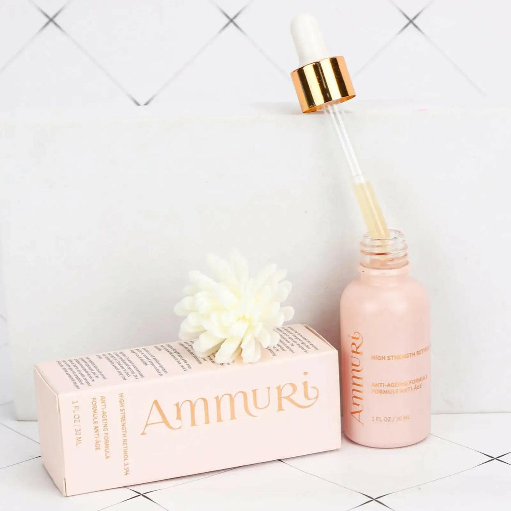 Ammuri Skincare high strength retinol serum in a glass bottle with dropper and packaging for anti-aging benefits