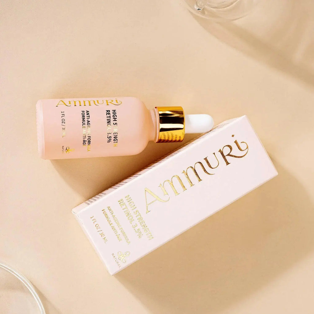 Ammuri Skincare High Strength Retinol Serum 3.5% in a glass dropper bottle with luxurious packaging