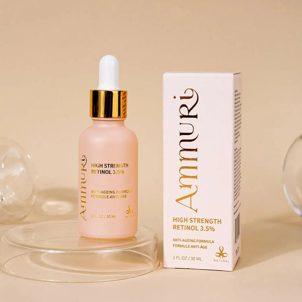 Ammuri Skincare High Strength Retinol Serum 3.5% in a glass bottle with a dropper, anti-aging formula for youthful skin