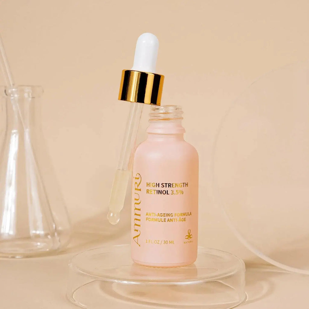 Ammuri Skincare high strength retinol serum 3.5% in a pink dropper bottle for anti-aging benefits