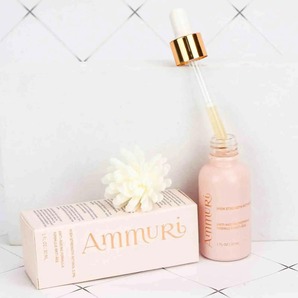 Ammuri Skincare high strength retinol serum in a pink bottle with dropper and box for anti aging benefits