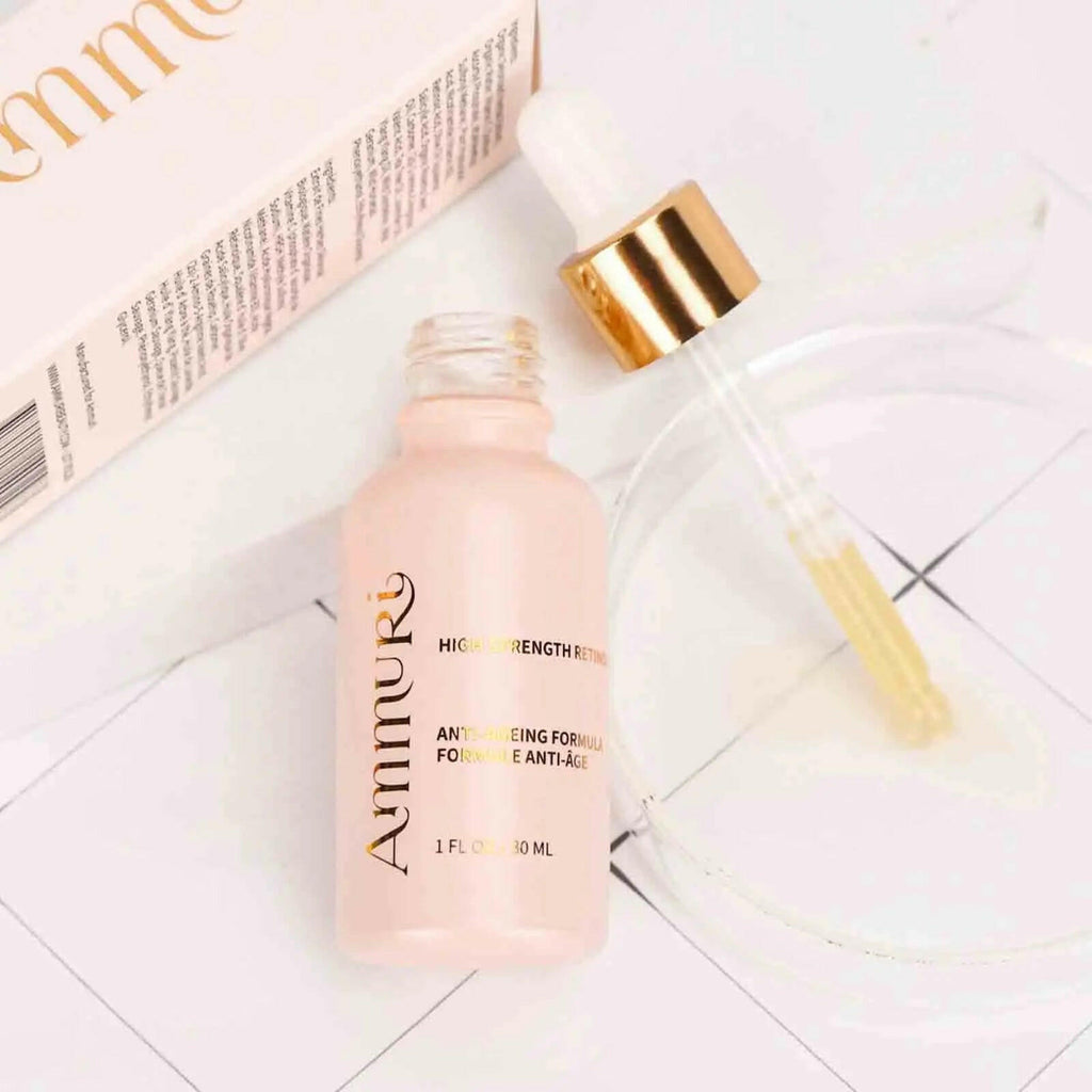 Ammuri Skincare high strength retinol serum in a pink bottle with a dropper, designed for anti-ageing benefits