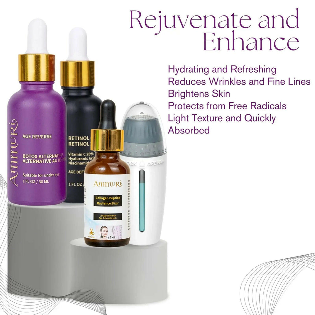 Ammuri Beauty home microneedling serum kit featuring Retinol, Peptide, and Collagen serums for skin rejuvenation