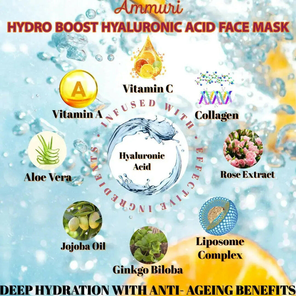 Ammuri Hydroboost anti-aging serum with key ingredients like hyaluronic acid and vitamin C for deep hydration