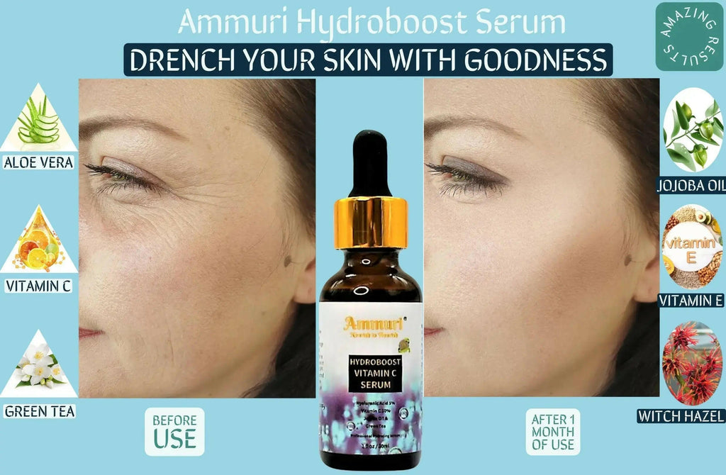 Ammuri Hydroboost Hyaluronic Acid Serum for youthful skin, showcasing benefits like aloe vera and vitamin C.