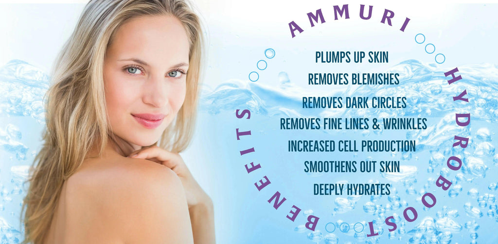 Ammuri Hydroboost Anti-Aging Serum promoting skin plumping and hydration benefits with a refreshing water backdrop