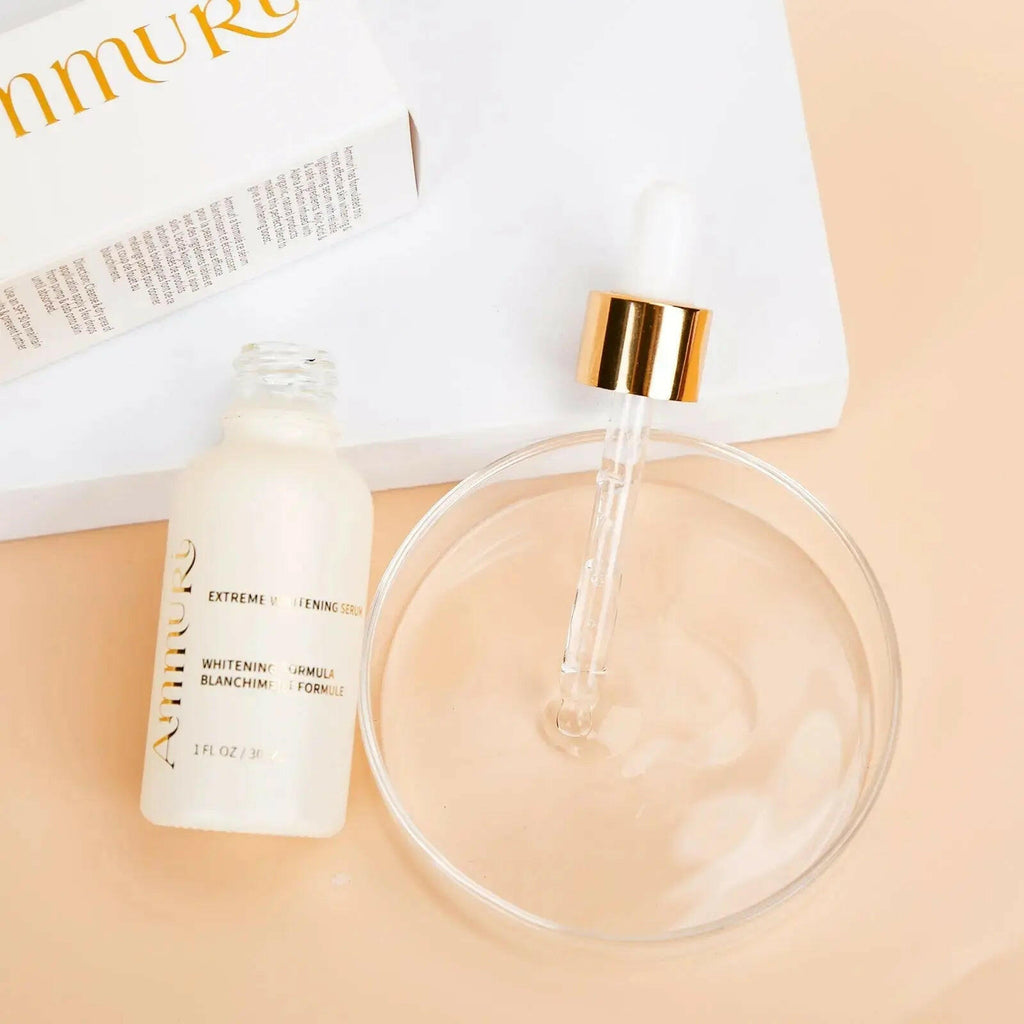Ammuri Skincare Kojic Acid Whitening Serum in a dropper bottle with a glass dish on a light background