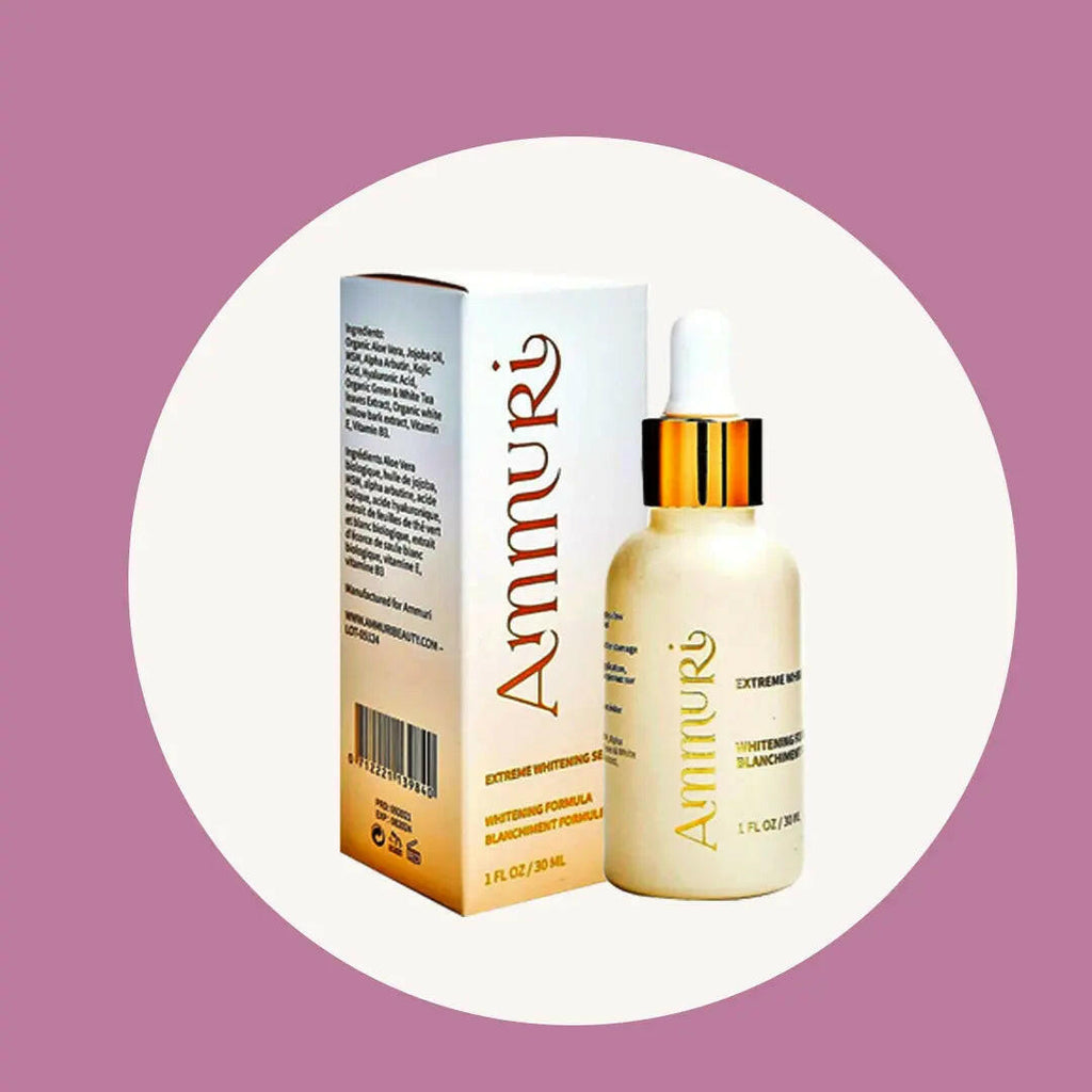 Ammuri Skincare Kojic Acid Whitening Serum in a bottle with dropper, packed in a stylish box