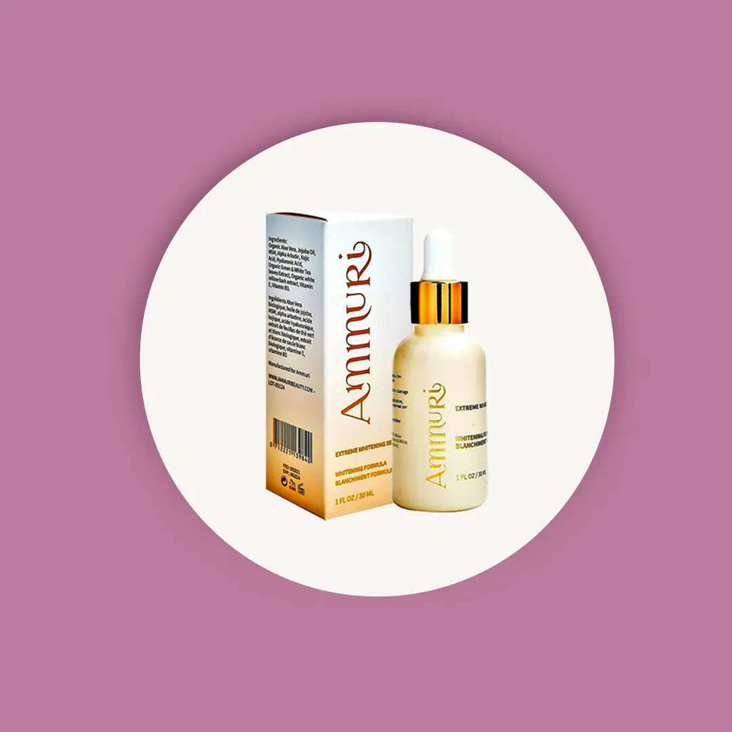 Ammuri Skincare Kojic Acid Whitening Serum in a bottle next to its packaging for brightening skin