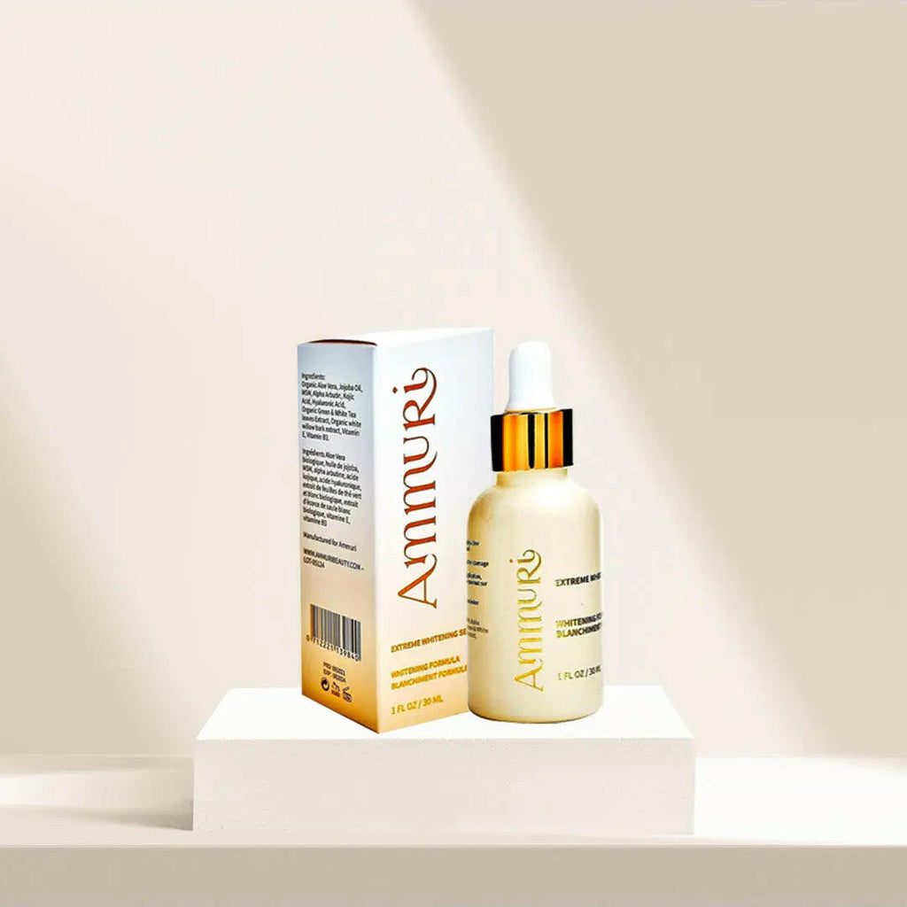 Ammuri Skincare Kojic Acid Whitening Serum in a gold bottle with elegant packaging for brightening skin