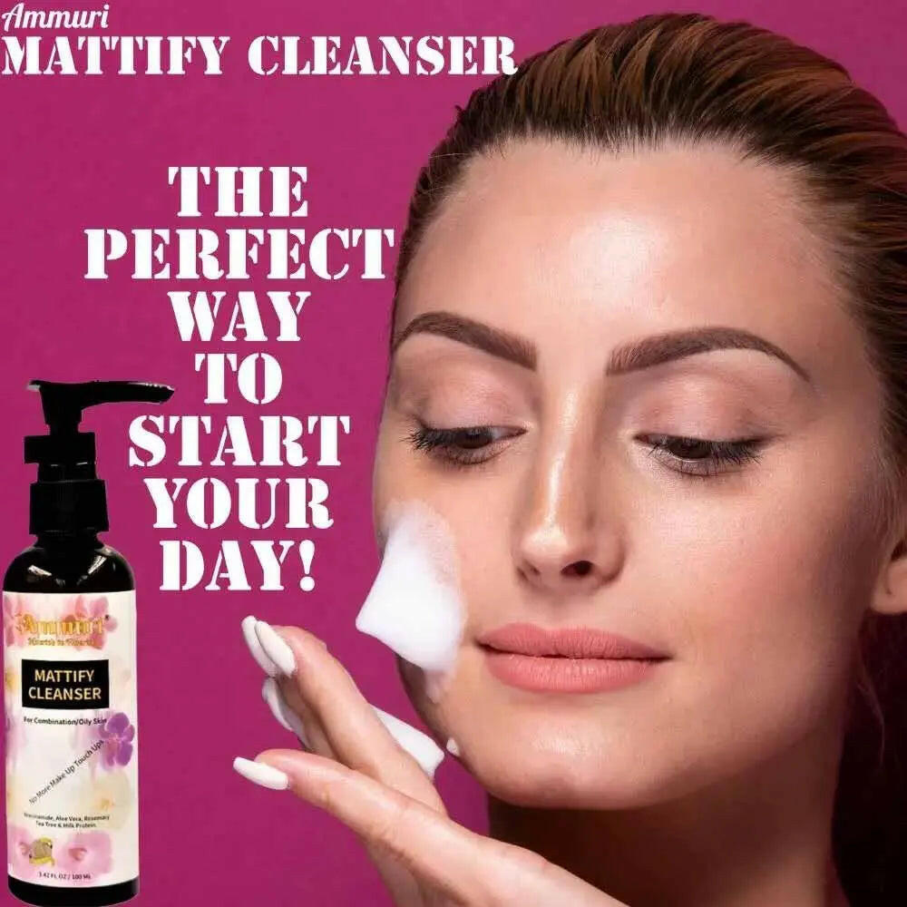 Ammuri Mattify Cleanser for Oily Skin applied on a woman’s face for a refreshing morning routine