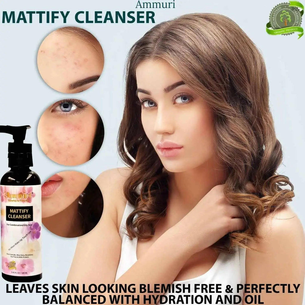 Ammuri Skincare Mattify Cleanser for Oily Skin in a pump bottle, promotes balanced hydration and clear skin