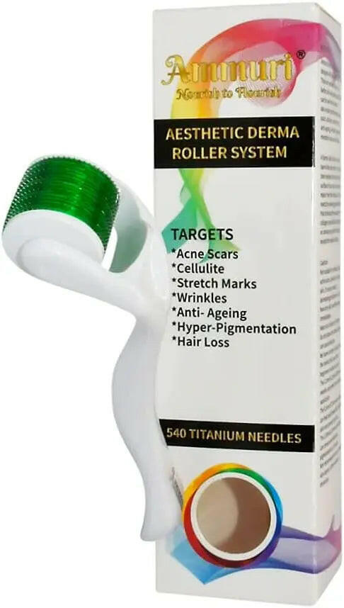 Ammuri Skincare Aesthetic Derma Roller System featuring a micro needle derma roller with 540 titanium needles