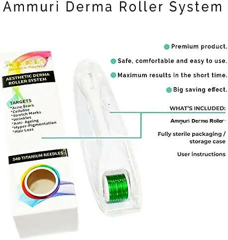 Ammuri Skincare Aesthetic Derma Roller System with 540 titanium needles for effective micro needle derma roller treatment