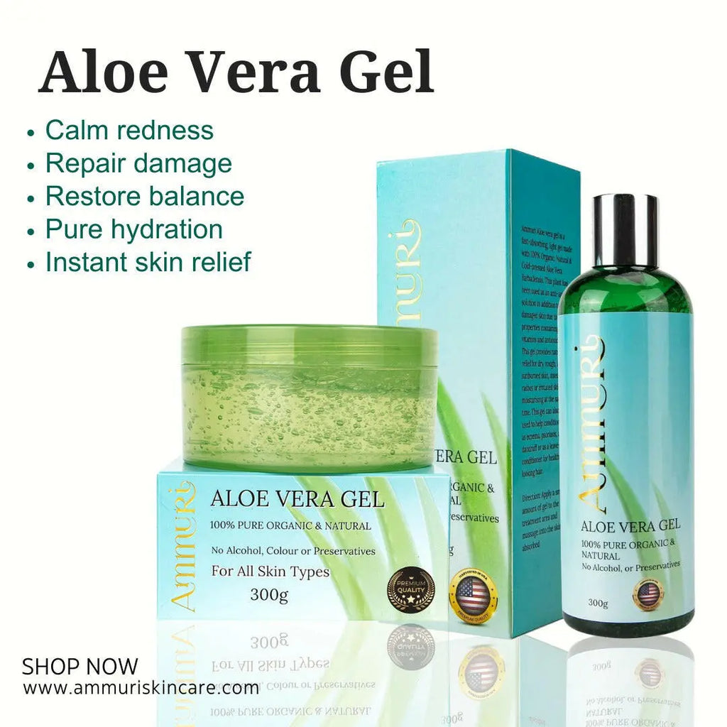 Ammuri organic aloe vera gel in a green jar and matching bottle for calming skin redness and providing hydration