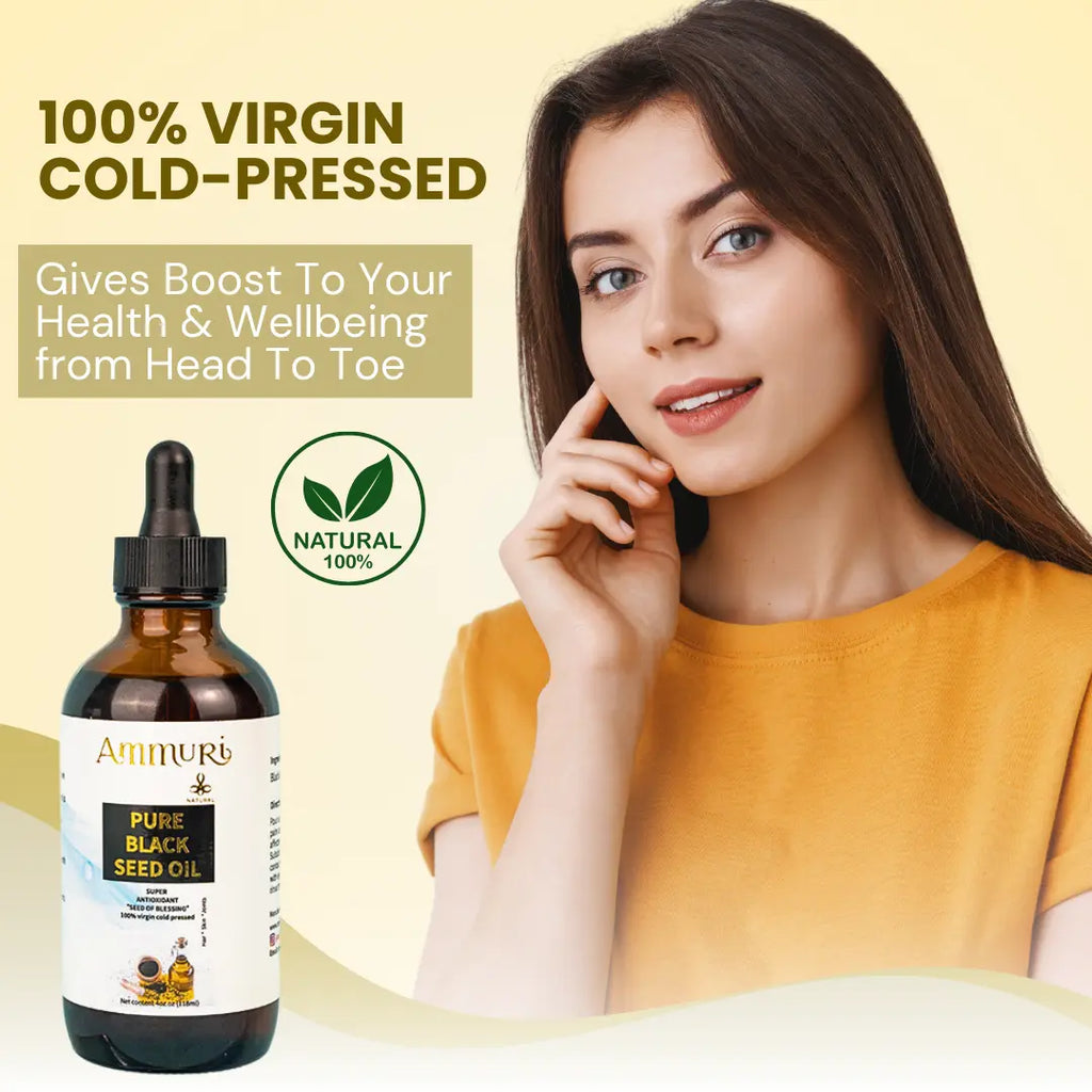 Ammuri Skincare Pure Organic Black Seed Oil in a bottle for health and wellness benefits
